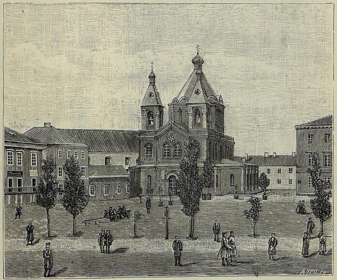 
Церковь Святого Духа, Минск. Источник: https://ru.wikipedia.org/wiki/Файл:Miensk,_Vysoki_Rynak,_Bazylanski._Менск,_Высокі_Рынак,_Базылянскі_(1898).jpg