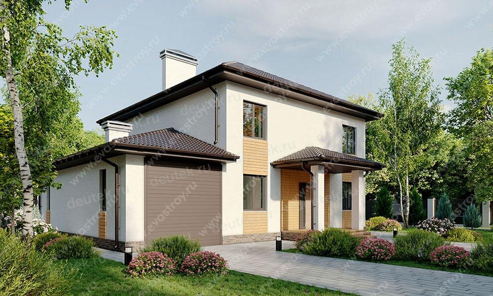 Проект двухэтажного дома 189 м2 из газобетона с одноместным гаражом и террасой - LK-39