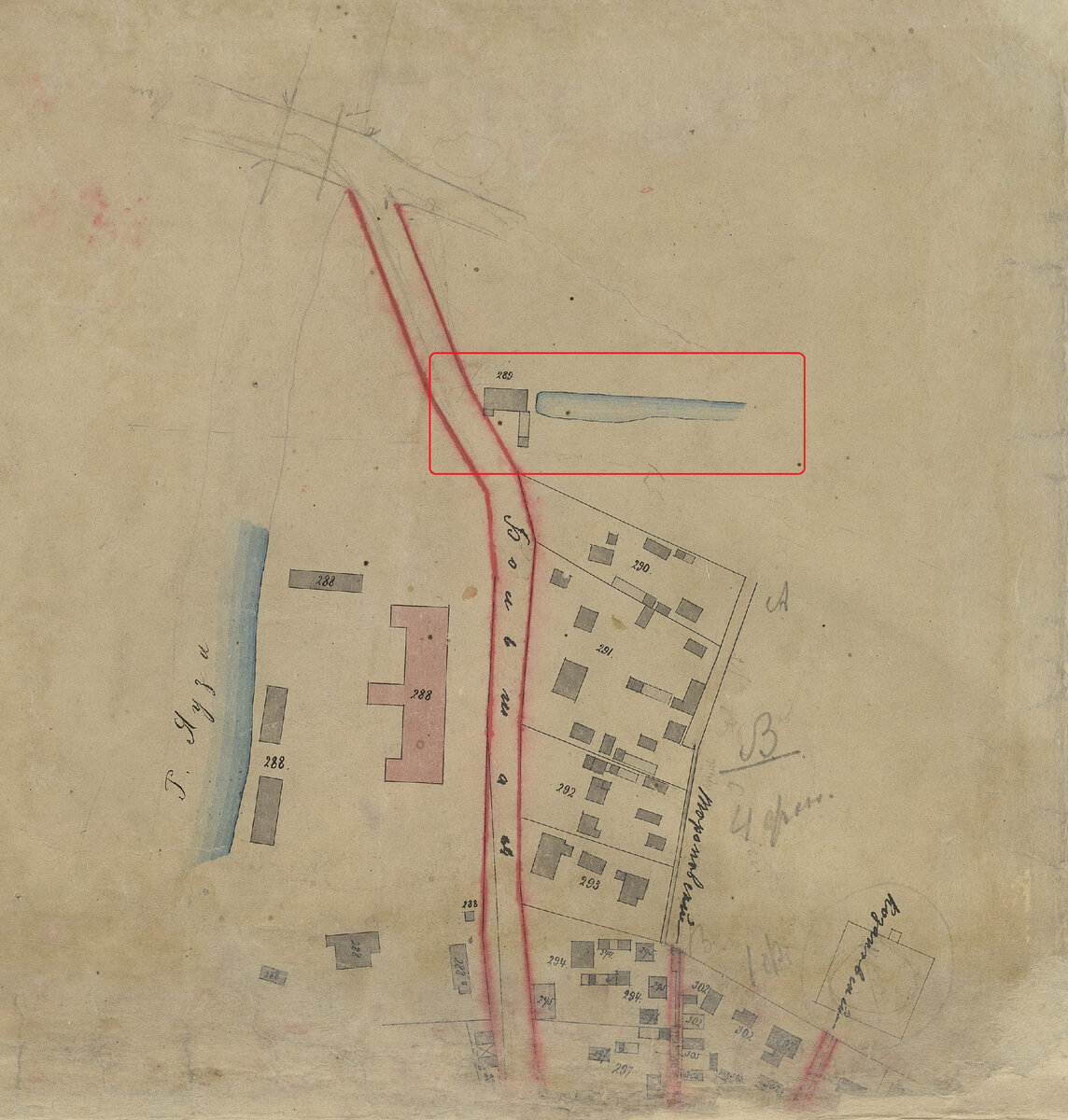 Фрагмент плана сельца Богородского Ростокинской волости начала 1880-х годов с выделенным красным участком Федота Васильева, где находились тогда богородские бани. К юго-западу через Большую Богородскую улицу (современная Краснобогатырская) краснокирпичный трехэтажный сохранившийся до наших дней корпус  бумагопрядильной и ткацкой мануфактуры Джона Гутчесона. ЦГА г. Москвы, ОХД до 1917 года
