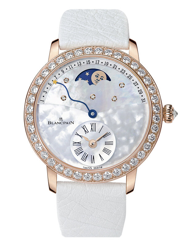 Часы Blancpain Ladybird Quantième Rétrograde в 36 мм мм корпусе из красного золота с бриллиантами по корпусу с календарем фаз Луны, ретроградными указателями и эксцентром