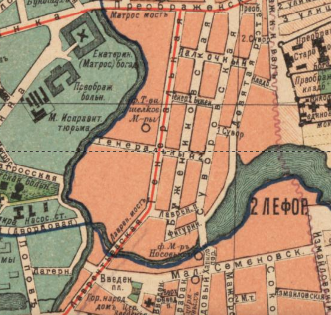 Разделение будущей Электрозаводской улицы на две самостоятельные. Фрагмент карты Москвы 1915 года. С сайта www.retromap.ru.