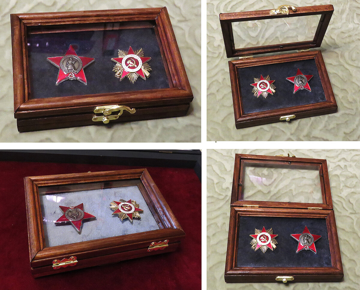 Рамка для орденов (витрина для медалей) самого малого размера - 10 см на 15 см, в витрину помещается два ордена или одна медаль. Материал - сосна, которая покрашена под палисандр.