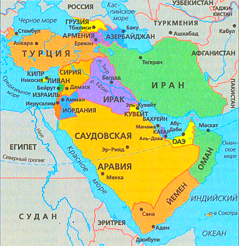Карта южно западной азии. Карта ближнего Востока со странами. Политическая карта ближнего Востока. Карта ближнего Востока и средней Азии.