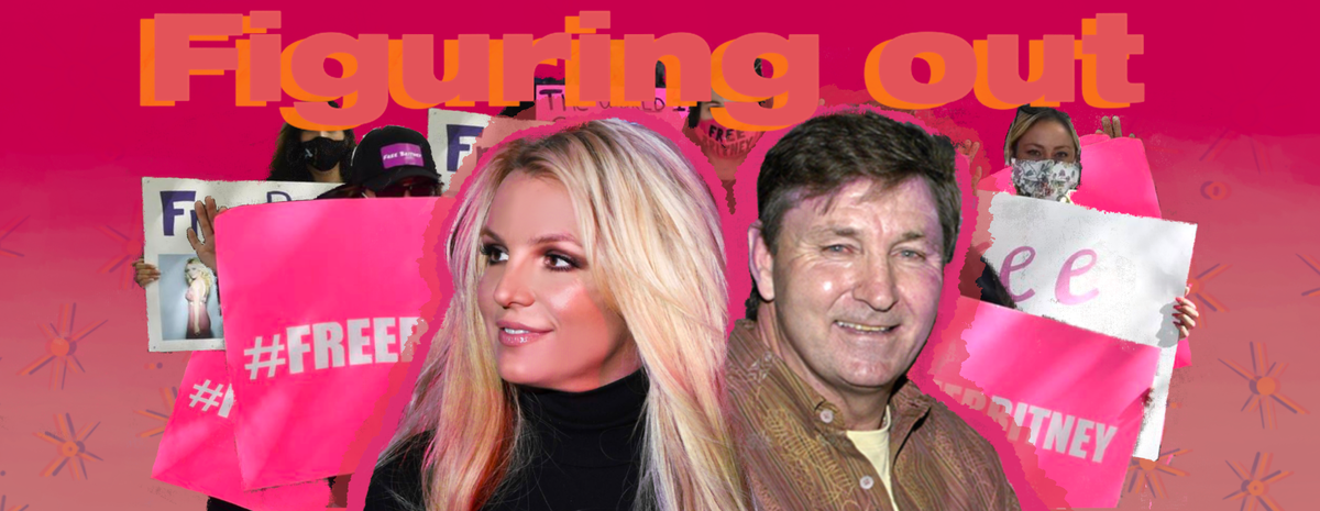 на заднем плане фото активистов движения #freebritney сделанные у здания суда, на переднем плане фрагмент фото Бритни на одном из выступлений 2017 года и фото её отца