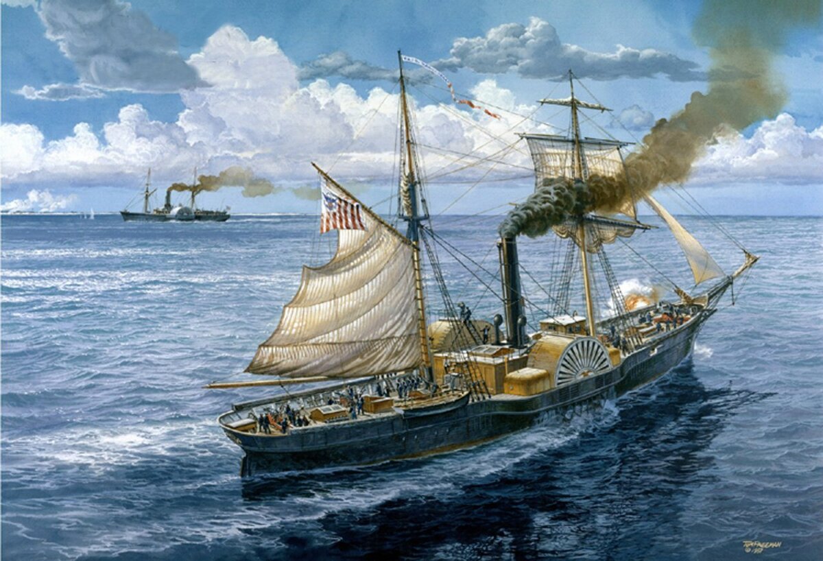 Военный пароход. Пароходофрегат "богатырь". 1836г.. Парусно колесный корабль. Парусно паровые корабли. Первые военные корабли.