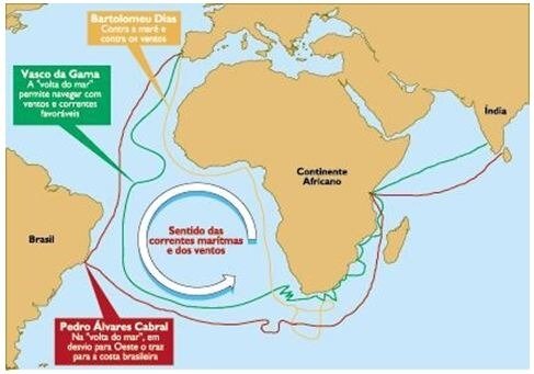 Карта главных португальских экспедиций: Бароломеу Диаш (1488 год), первым из европейцев обогнувший Африку, Васко да Гама (1497-99г.г.), открывший путь в Индию,  и Педру Кабрал (1500-1502), открывший Бразилию