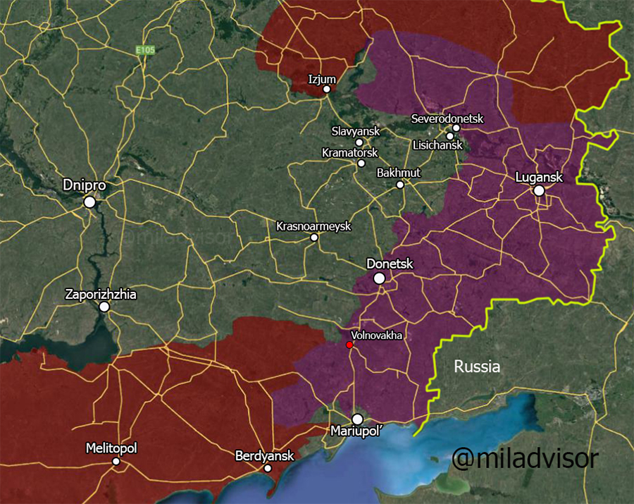 Актуальная оперативная обстановка на Донбассе. На карте выделено взятие Волновахи.