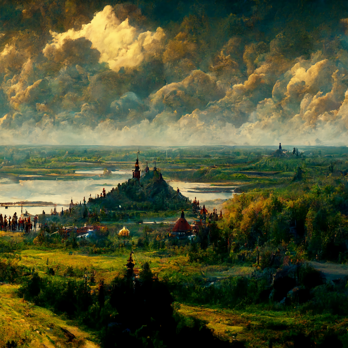 Запрос - Arkona - is a pagan slavic city, the city is standing on the top of the cape, near the sea, in the center there is a beautiful pagan temple in honor of the gods, decorated with faces of pagan gods carved from wood, Old Russian history painting, cinematic detail, 8k.