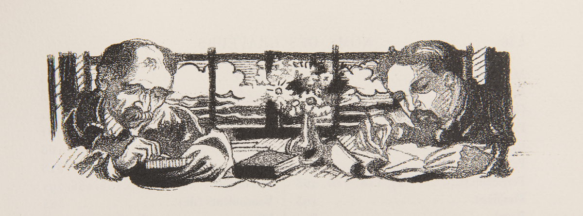 На ксилографии, которая является заставкой к списку граверов в «книге художника» «Подражание Христу» Фомы Кемпийского (Париж, 1903), Морис Дени справа изобразил себя, а слева – гравера Тони Бельтрана. Из собрания Музея истории религии