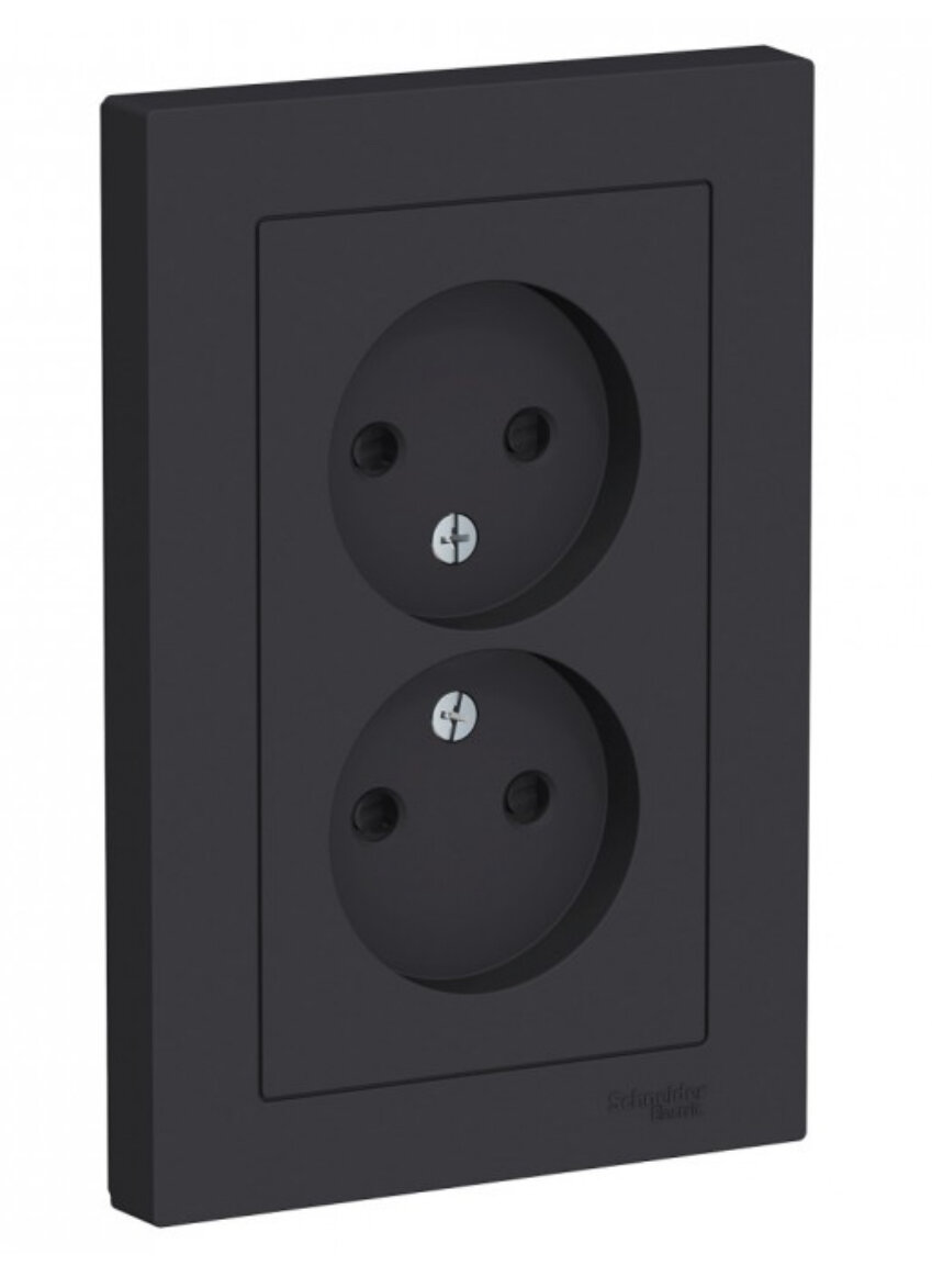 Розетка двойная SCHNEIDER ELECTRIC ATLASDESIGN без заземления, со шторками, в сборе, карбон ATN001022