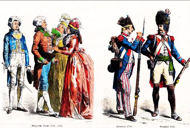 Костюмы городских жителей времён Великой французской революции. Рисунок конца 18 века