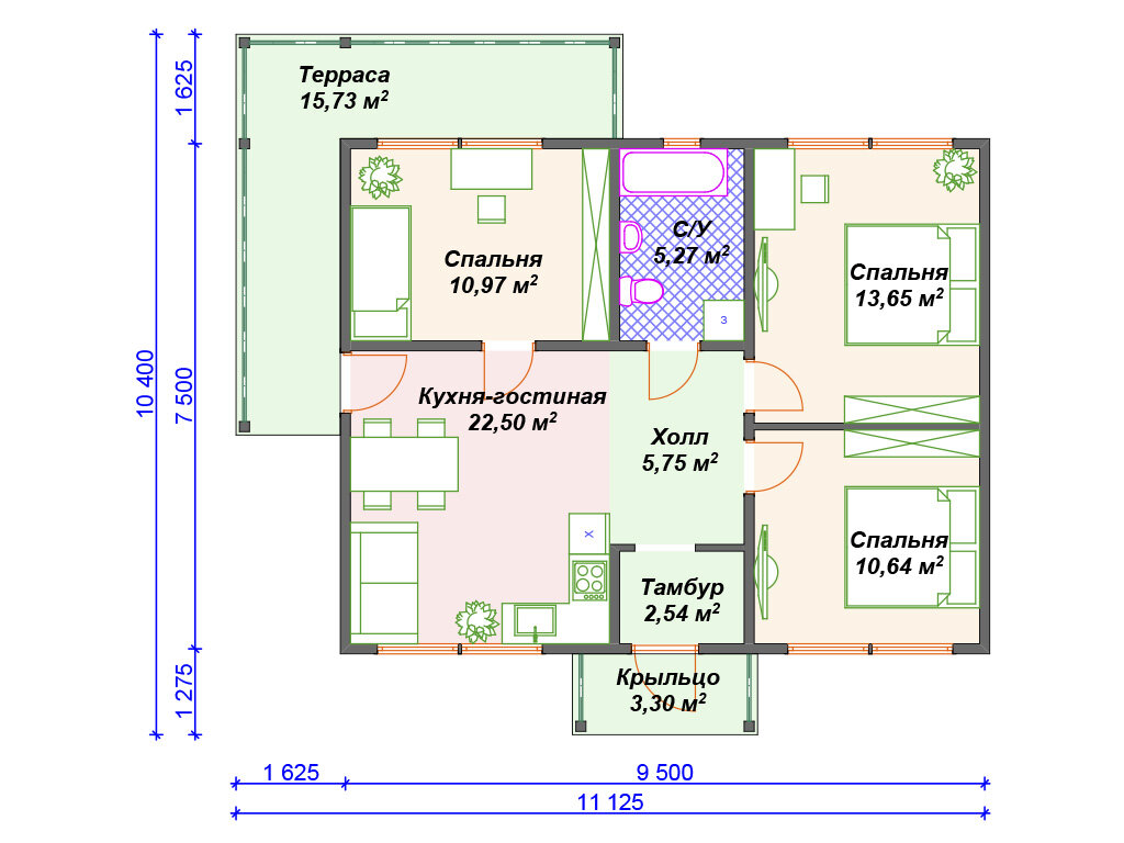 Проект симпатичного одноэтажного дома 70 кв м | Arplans.ru - проекты домов  | Дзен