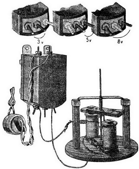 Рис. 15, Включение электромотора от трансформатора „Гном“.