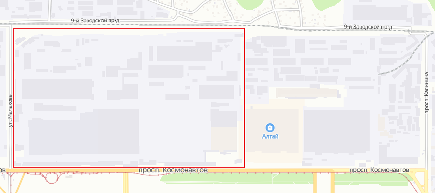 Красной рамкой выделена территория Алтайского моторного завода. Та территория, на которой он располагался в советское время. 