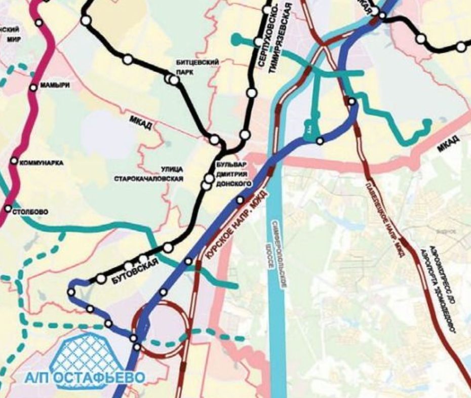 Схема развития  внеуличного транспорта в Москве. Внимание на точку на синей линии восточнее ст. м. "Бульвар Дмитрия Донского"
