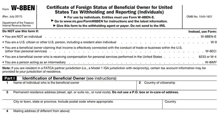 Форма W-8BEN – это налоговый документ, используемый для подтверждения того, что ваша страна проживания для целей налогообложения находится за пределами Соединенных Штатов.