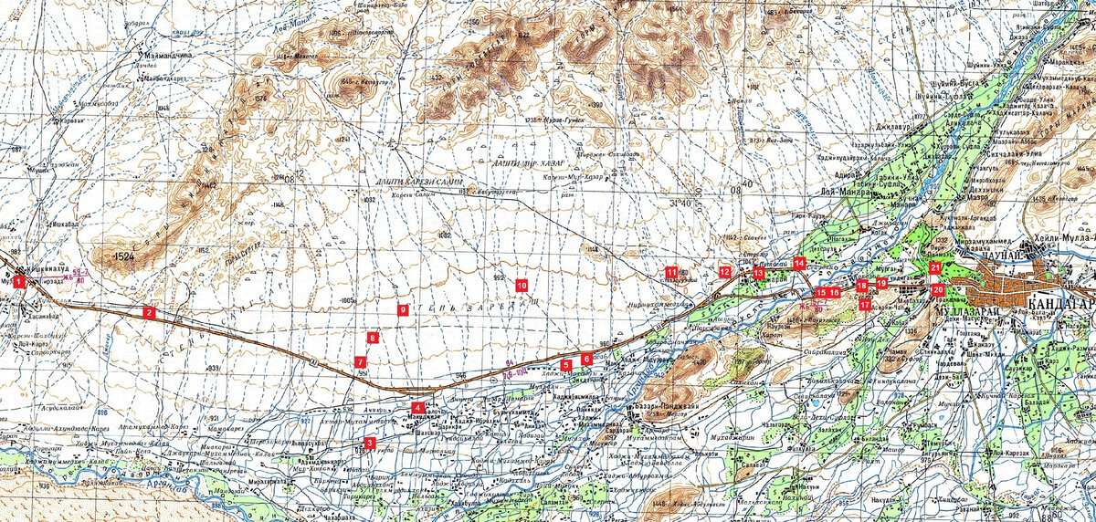 Карта западных окрестностей Кандагара с нанесёнными метками расположения советских сторожевых застав.