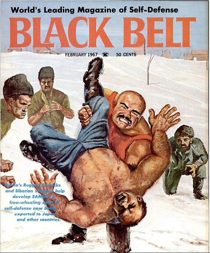 Самбо в представлении американцев. Обложка журнала "Чёрный пояс" ("Black Belt"), февраль 1967 года. Русский казак и сибиряк борются в снегу. 