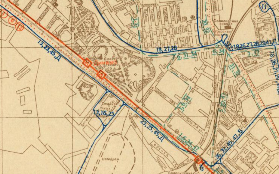 Схема движения общественного транспорта у станции метро Динамо на 1940 год