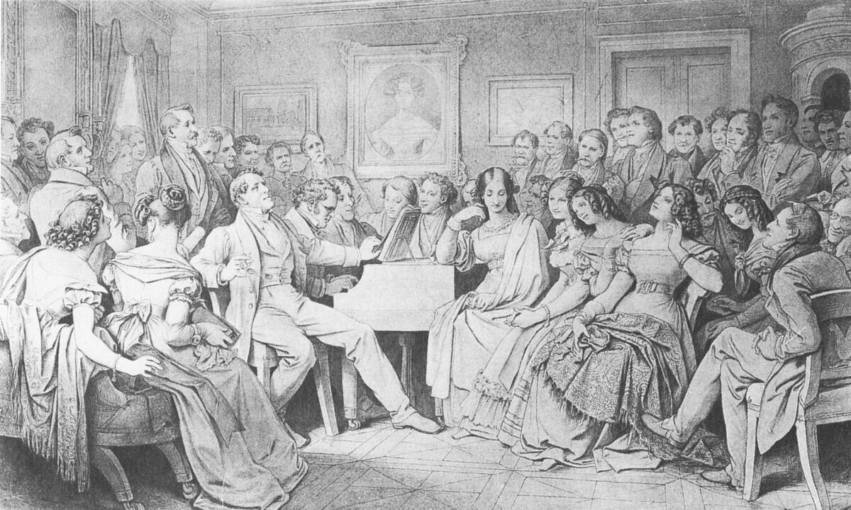 Мориц фон Швинд. Шубертиада. За фортепиано – Франц Шуберт. 1868 (нарисовано по памяти).