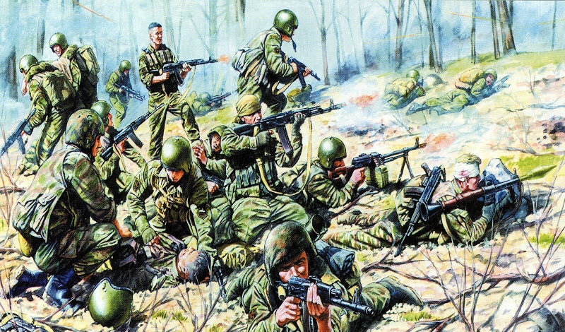 Бой "Росича" и "Витязя" на Лысой горе. 18 апреля 1995 г. Картина Андрея Каращука.