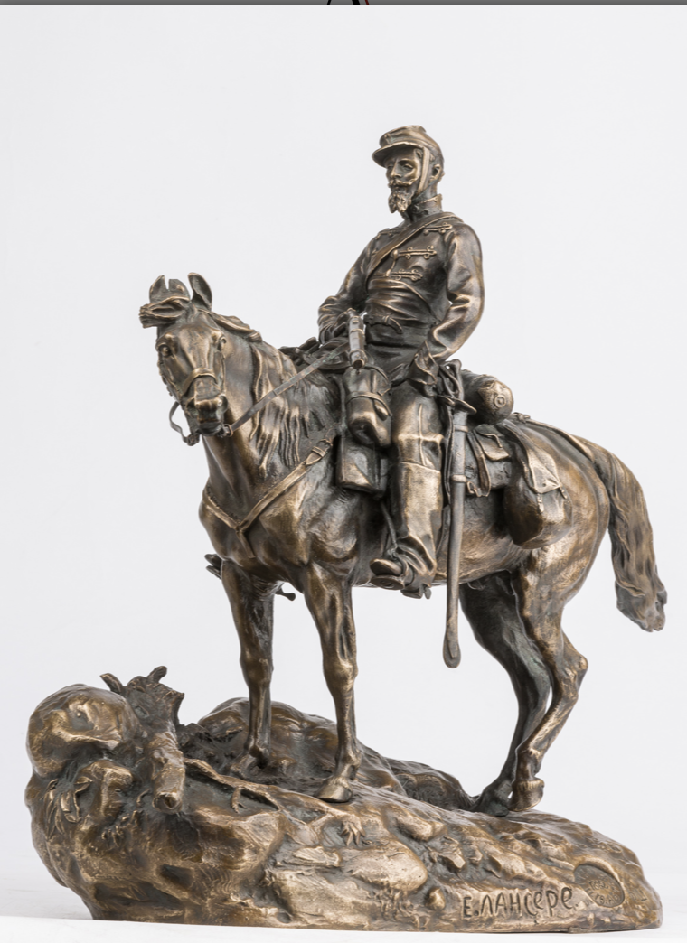 ЛАНСЕРЕ Евгений Александрович (1848–1886) Статуэтка «Африканский охотник». 1882–1886 Модель: Санкт-Петербург. 1882. Отливка: Санкт-Петербург. Фабрика художественной бронзы Ф. Шопена. 1882–1886
Бронза, литье, чеканка, патинирование. 30 × 32 × 12,5
