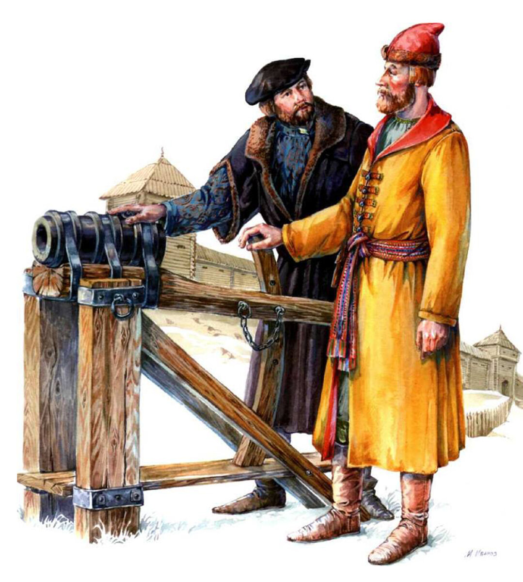 Итальянский мастер-оружейник и русский пушкарь, вторая половина XV века. Художник: Михаил Иванов