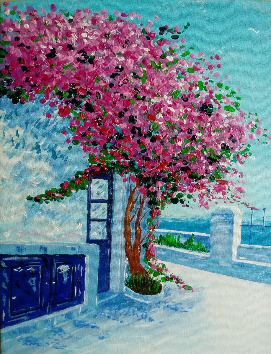 "Греция". Картина выполнена в смешанной технике. Мастихином проработаны листья и цветы на дереве. Акрил