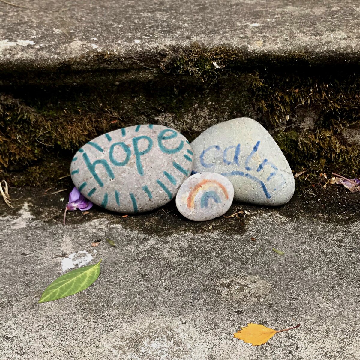 На камнях написано: «Надежда» и «Спокойствие». Радуга уже стала символом надежды на окончание карантина коронавируса 