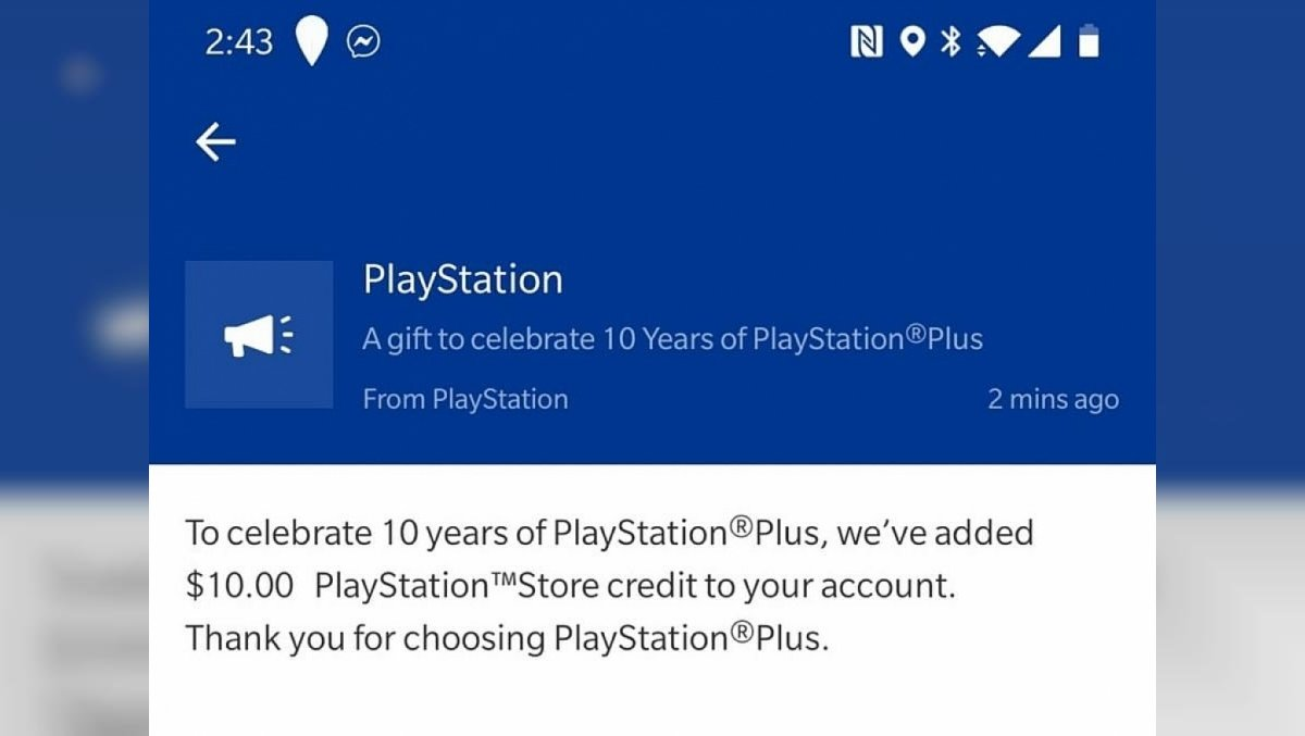 "Чтобы отпраздновать десять лет PlayStation Plus, мы добавили $10 на ваш аккаунт. Спасибо, что выбираете PlayStation Plus" 