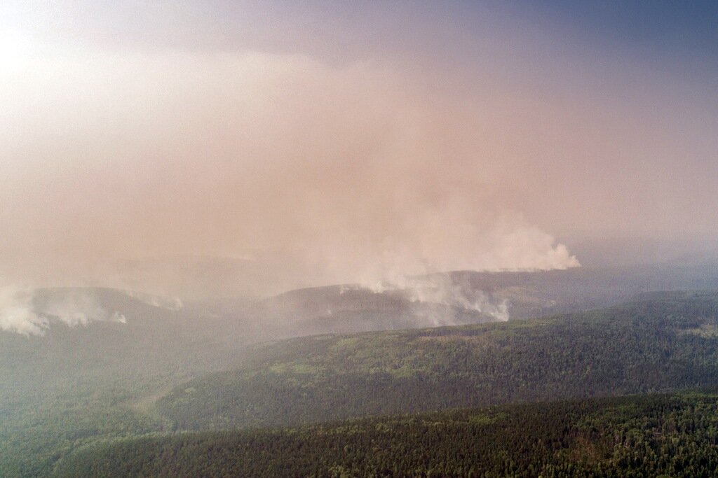  Смог и дым заполняют небо над Сибирью.     Пожарные пытаются предотвратить попадание огня на дома.