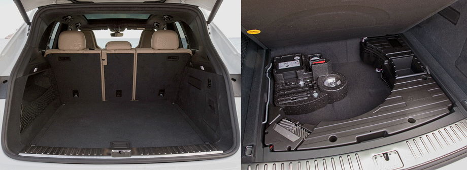 На автомобилях с пневмоподвеской в багажнике есть кнопки регулировки погрузочной высоты. Под полом ― место для докатки и сабвуфер. 
Зато армада высокотехнологичной мехатроники не встает преградой между пилотом и машиной. Активные стабилизаторы допускают минимальные крены, чтобы водитель не терял связи с реальностью, а на подходе к предельным режимам с намёком расслабляются ещё больше. Чтобы ощутить подруливание задних колёс, надо провокационно вильнуть рулём ― в остальных случаях все Кайены просто поворачивают по рельсам траектории. Самое важное, что надо знать об активных амортизаторах, ― их базовый режим называется Normal, а не Comfort, как у многих. И это неспроста.