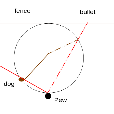Как-то так. Пью, собака (два положения) красным выделена линия выстрела, черным траектория собаки, коричневым --- веревка.