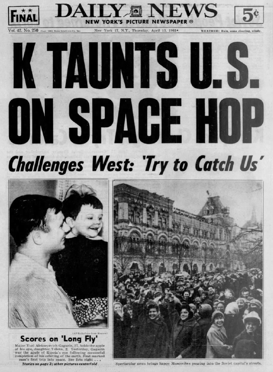 Первая полоса Daily news, Нью-Йорк, 13 апреля 1961