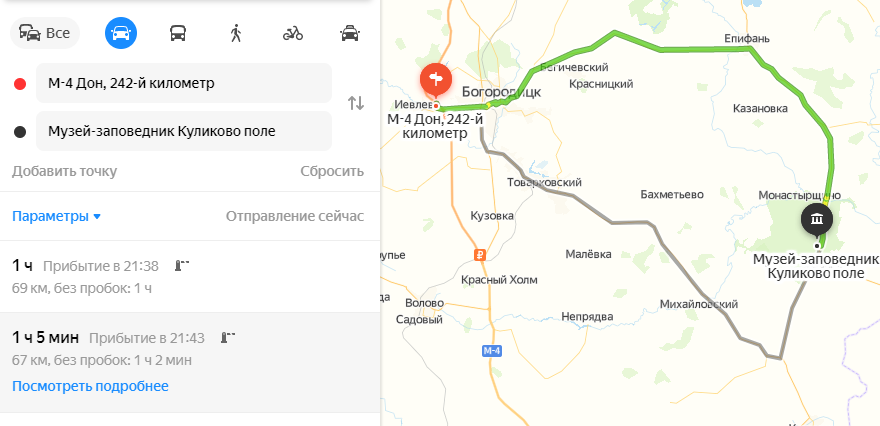 Всего час от трассы М4 "Дон" . Скриншот из Яндекс.Карт.