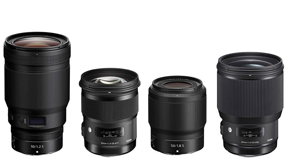 Nikkor Z 50mm f/1.2 S, Sigma 50mm f/1.4 DG HSM Art, Nikkor Z 50mm f/1.8 S и Sigma 85mm f/1.4 DG HSM Art