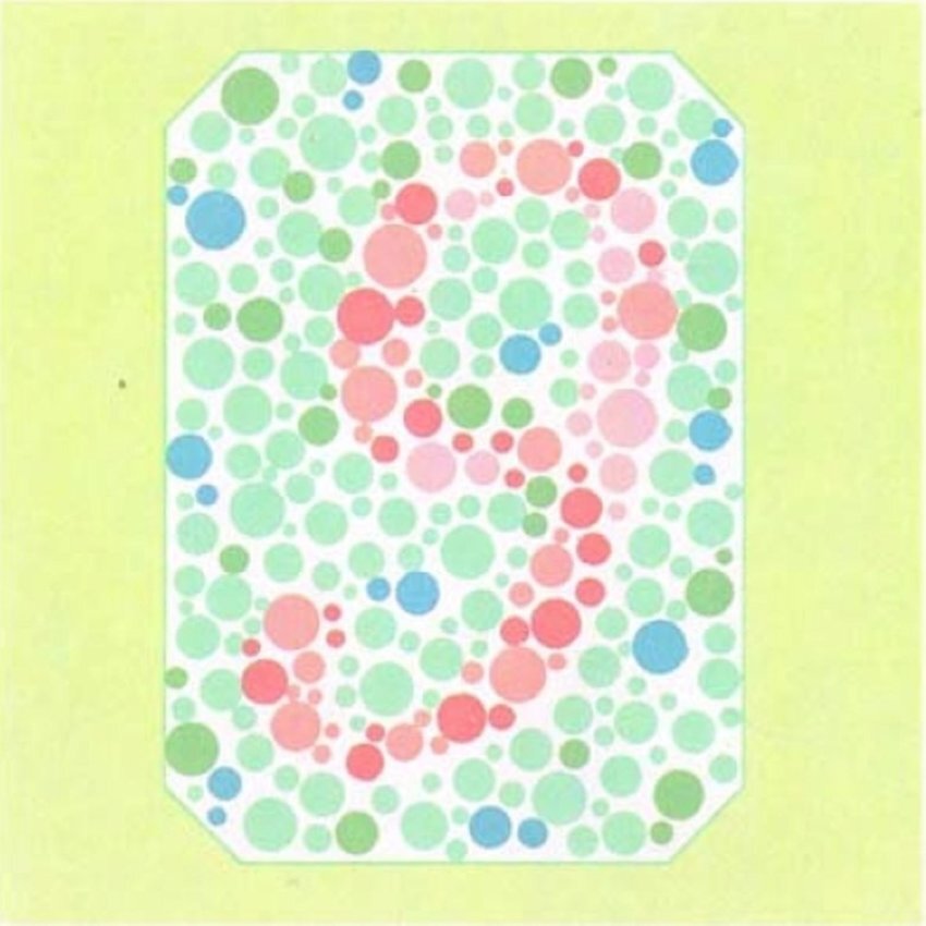 На картинке изображена цифра “9”. Люди с нормальным зрением видят правильно, тогда как люди со слепотой в красной или зелёной части спектра (дейтеранопия и протанопия) видят цифру “5”.