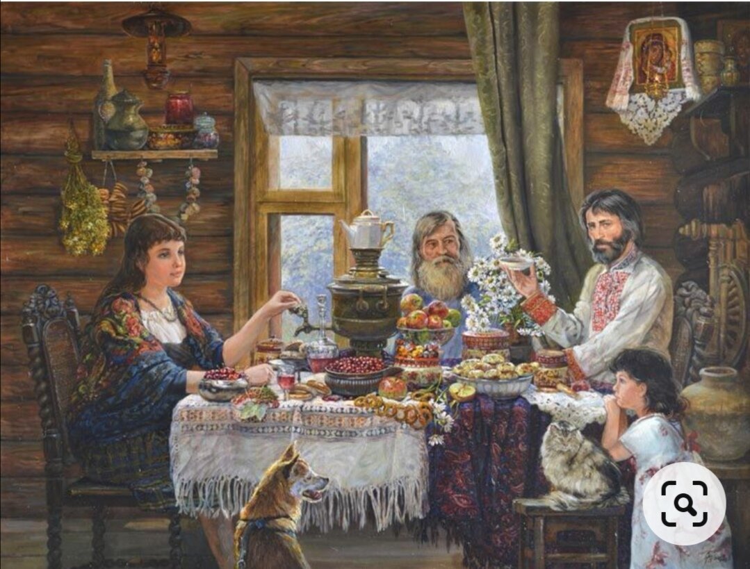 Картина художника Эдуарда Панова, рассмотрите внимательно рассадку за столом и убранство избы