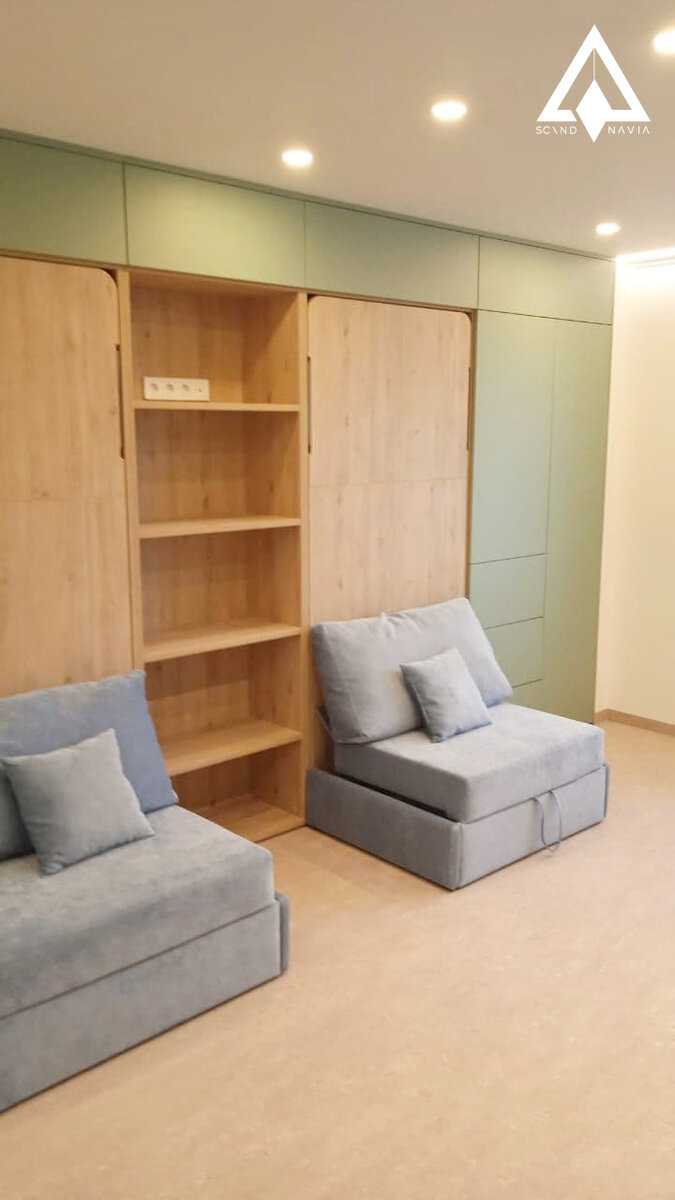 Все фото проекта можно посмотреть в галерее. Двойная шкаф-кровать трансформер с креслами на заказ.