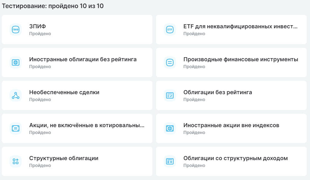 Пройденное тестирование инвесторов