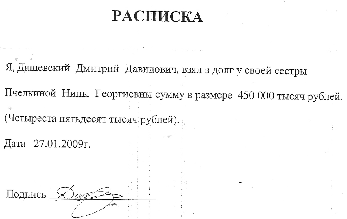 Пример ошибочной расписки. Нет паспортных данных сторон.