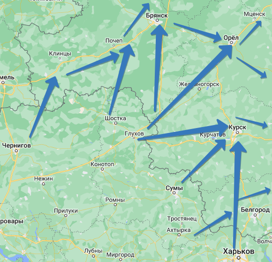 Возможные направления ударов украинских высокомобильных войск. Рисунок Автора