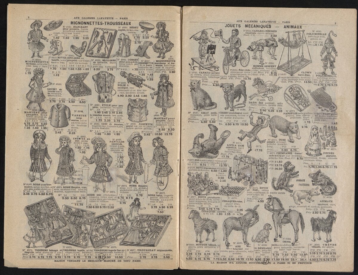Разворот рождетвенского каталога парижского универмага "Галери Лафайет" 1910 года, где среди прочих игрушек представлена Матрёшка.