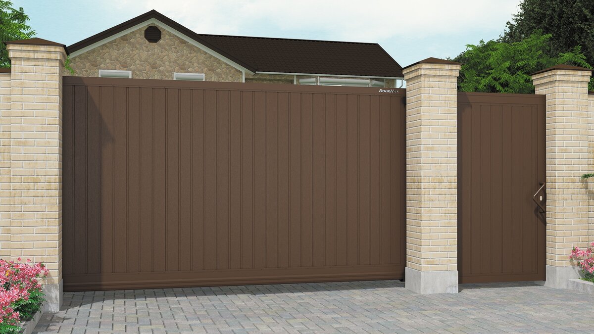 Уличные откатные ворота: панель «доска», структура «дерево», цвет RAL 8014