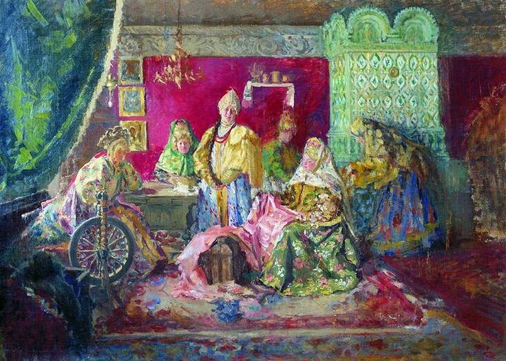 Художник И. С. Куликов.  В боярском тереме . Фото взято из открытого источника в Интернете  https://i.pinimg.com/736x/a5/71/5d/a5715d575904b066a4353be7e31a3d60--russian-style-ancient-art.jpg