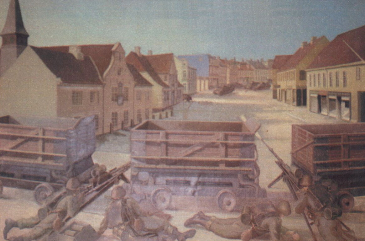 Датские солдаты отражают атаку немецких танков в Южной Ютландии 9-го апреля 1940 года. Художник Тофт Андерсен.