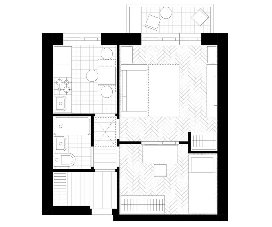 Рассмотрим не приемлемый, но, к сожалению, часто распространённый кейс. Семейная пара с детьми в однушке. Здесь уже не до открытых пространств, главное каждому выделить по личному углу. Таким образом у нас получается комната не смежная с наружным пространством, но получающее освещение посредством окна, расположенного под потолком, но конечно же первичная роль здесь будет отдана искусственному свету. Циркуляция воздуха может быть обеспечена за счет зазора между стеной и потолком плюс устройство вентиляционных решеток. Кровать в детской комнате может быть и двухуровневой, если детей чуть больше, чем один, и чуть меньше, чем три. Гостиная делит свою функцию со спальней родителей. Как и всегда много внимание уделено под хранение вещей. Эта схема может работать до того момента, как один из детей не закончит младшую школу, затем всех ждет бытовой ад. Но его можно отсрочить, если переселиться в квартиру следующего типа...