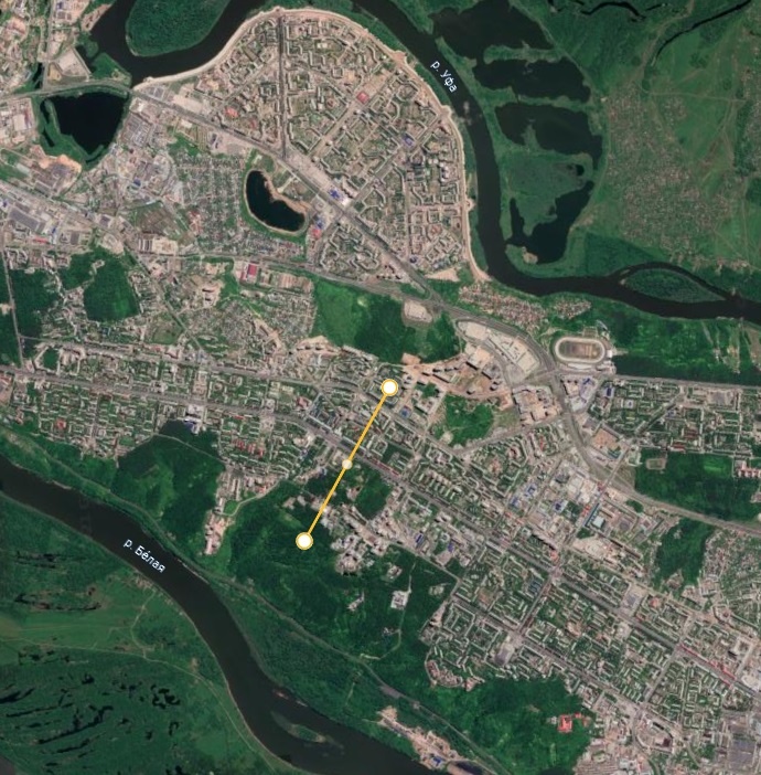 Точка над лесом - примерное место зависания объекта.