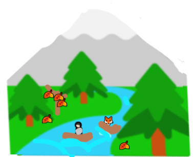 Иллюстрация к сказке "Хитрый лис" (момент, где лис и Ковшичан плывут по реке).