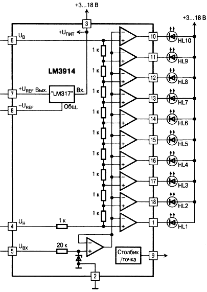 Примеры применения микросхем LM3914...LM3916